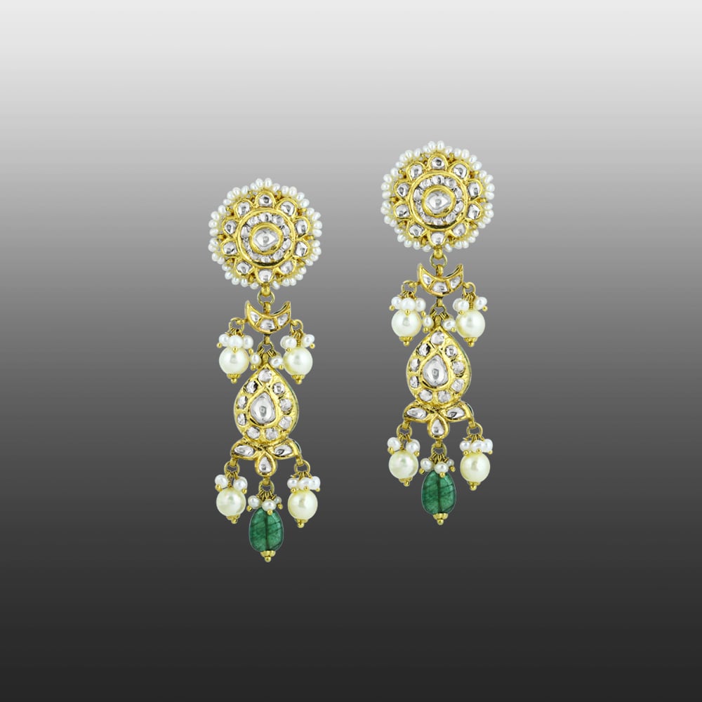 Polki Necklace Set with Emerald Drops and Pearl Strands